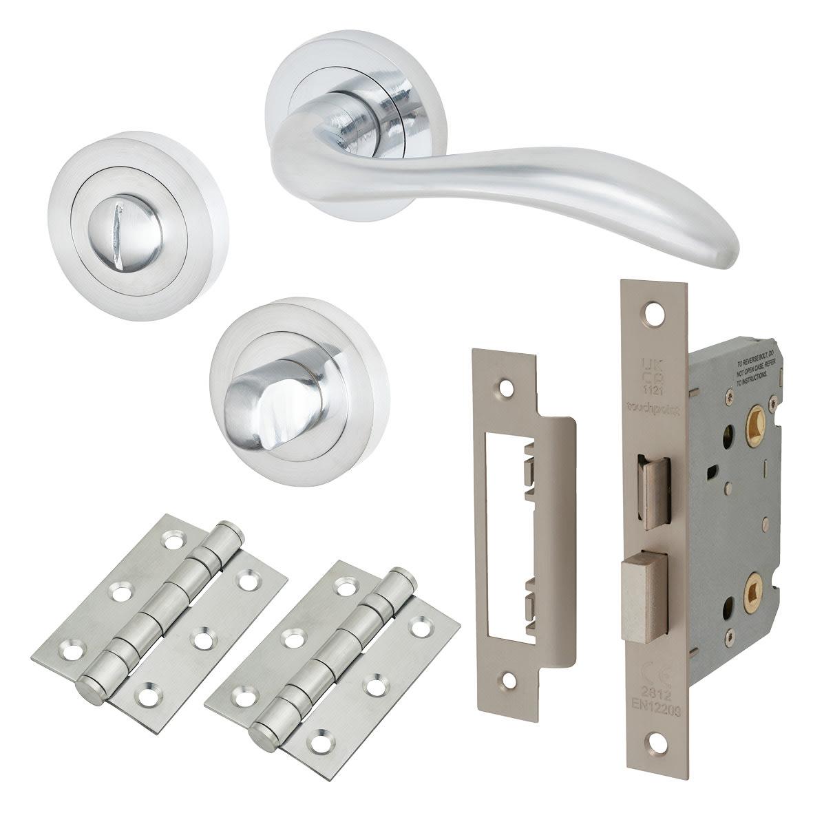 Satin Chrome Bathroom Lock Door Handles on Rose Pack - Sussex Range