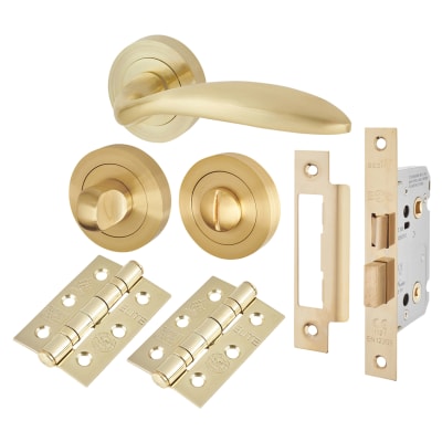 Satin Brass Bathroom Lock Door Handles on Rose Pack - Morgan Range