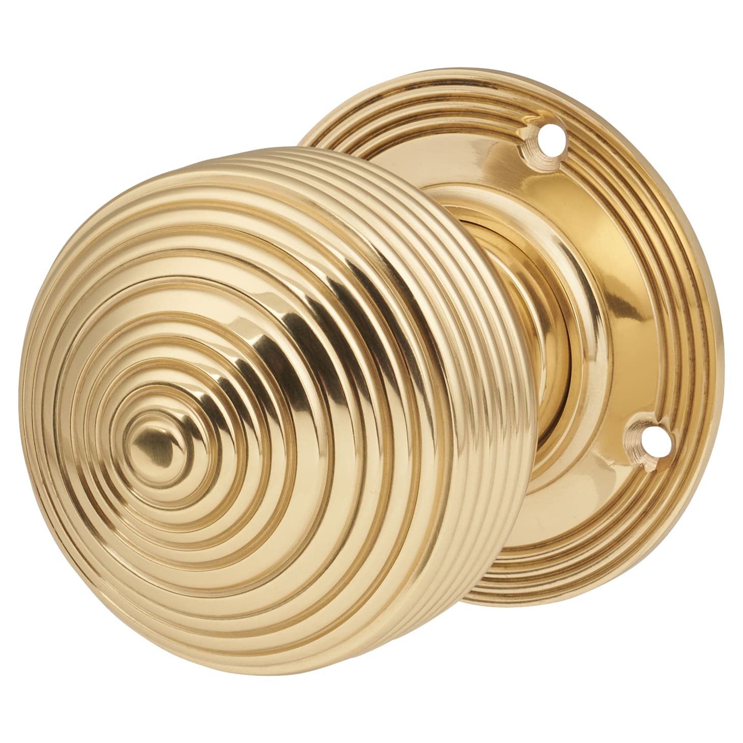 Polished Brass Edwardian Beehive Mortice/Rim Door Knob - 60mm Rose Diameter