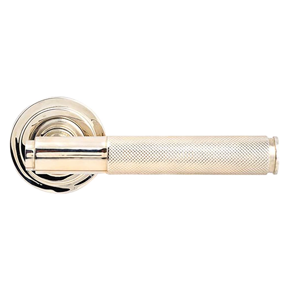 Polished Nickel Knurled Door Handles on Round Art Deco Rose - Brompton Range