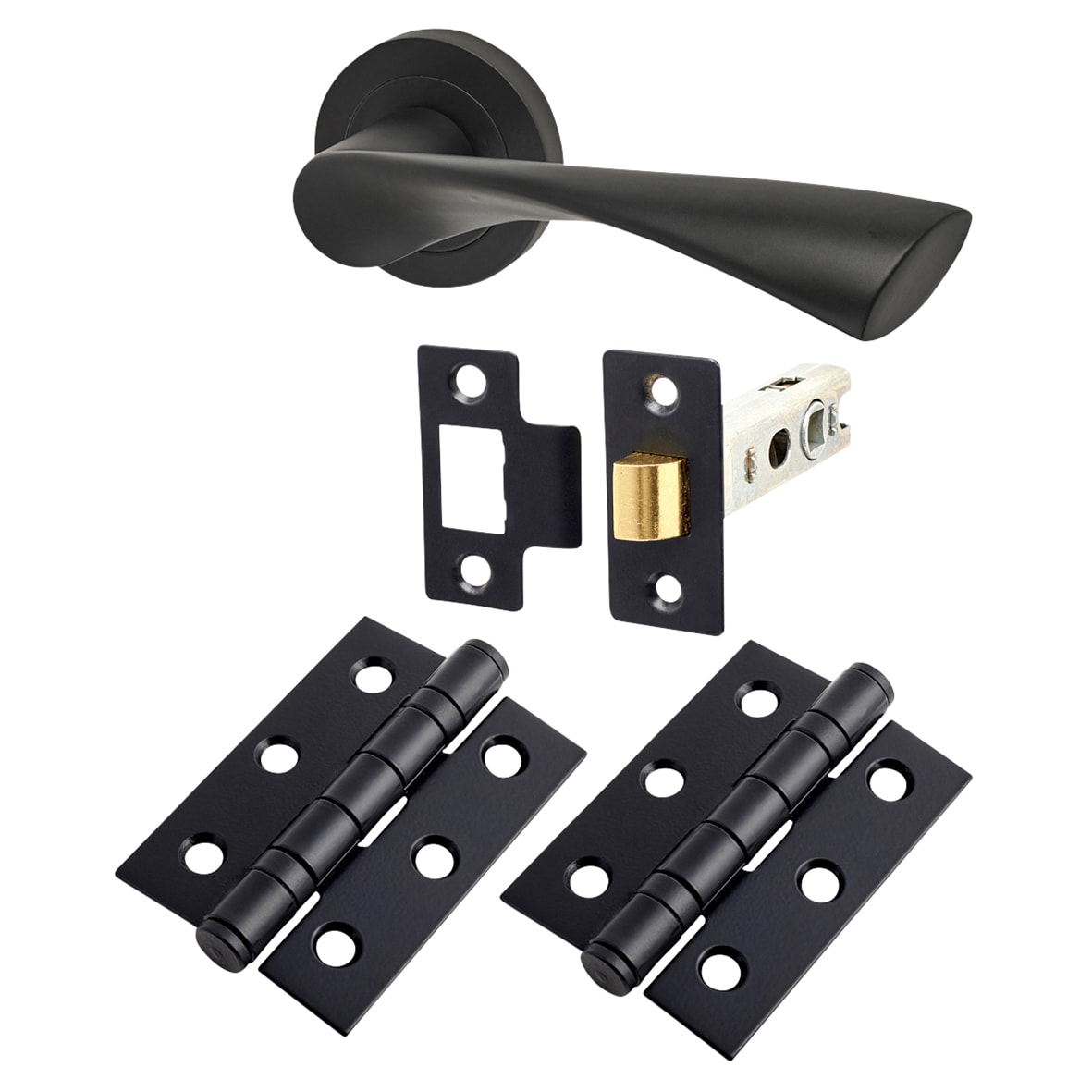 Matt Black Latch Door Handles on Rose Pack - Knightsbridge Range