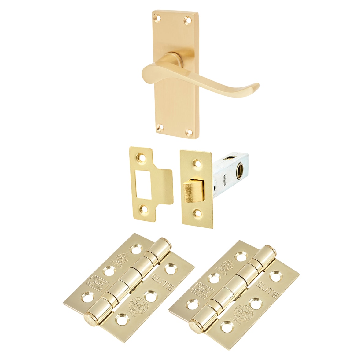 Satin Brass Budget Scroll Latch Door Handles Pack - Short Plate