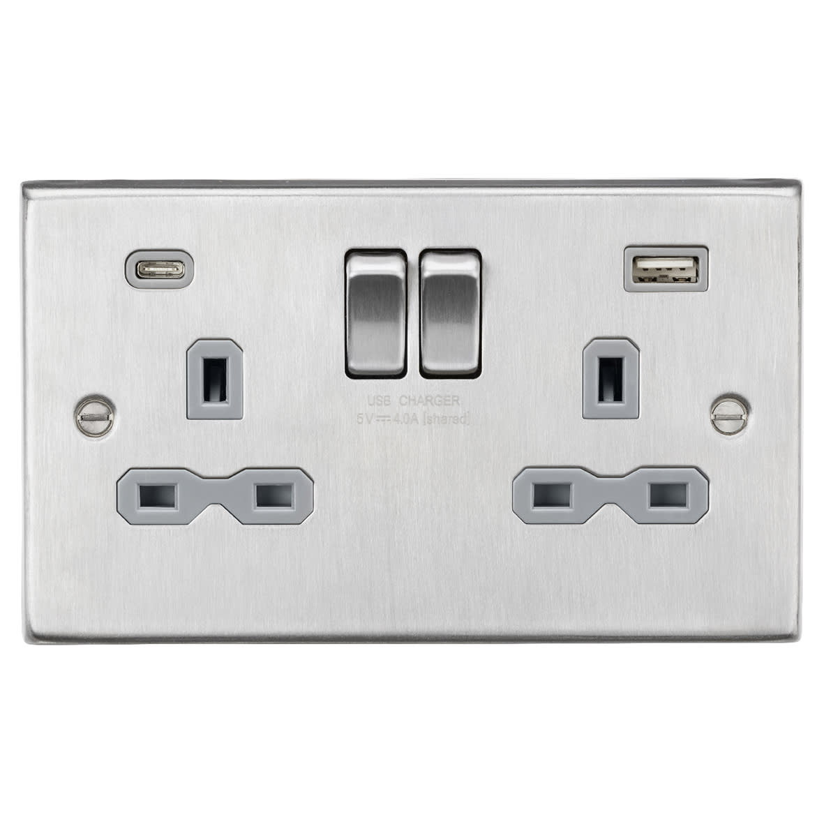 13A 2 Gang Square Edge Type A/C USB Socket with 2 x USB - 4A - Brushed Chrome/Grey