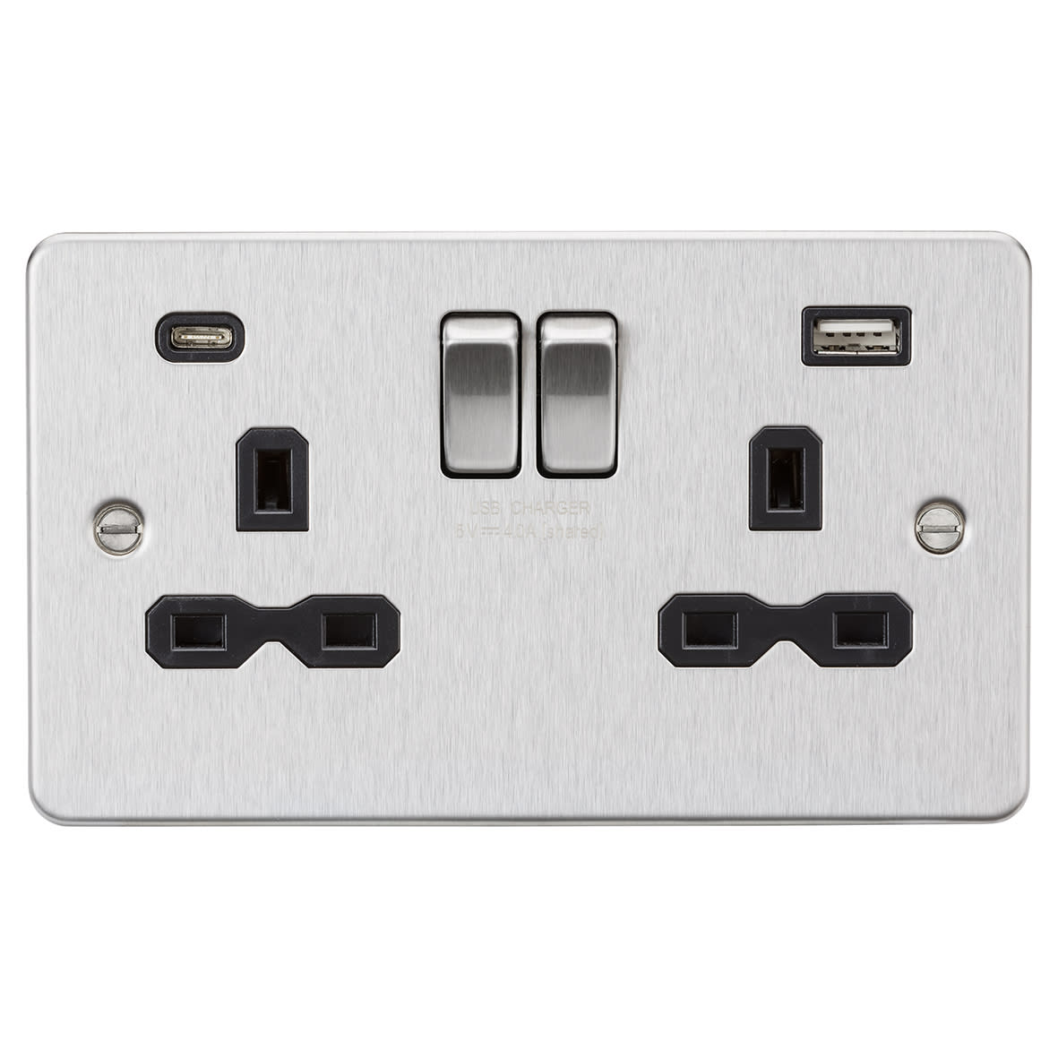 13A 2 Gang Flat Plate Type A/C USB Socket with 2 x USB - 4A - Brushed Chrome/Black