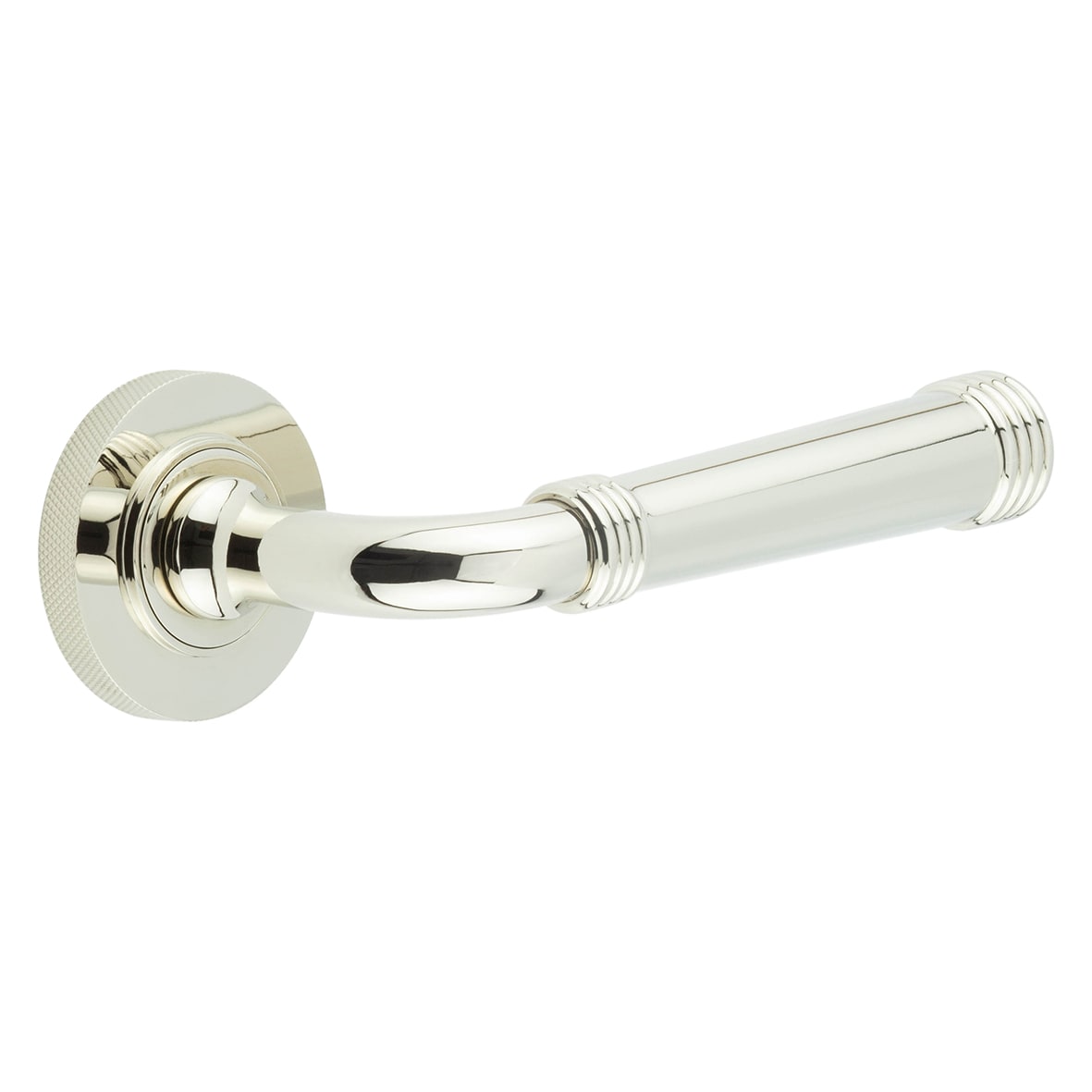 Polished Nickel Fire Rated Door Handles on Round Knurled Rose - Highgate Range