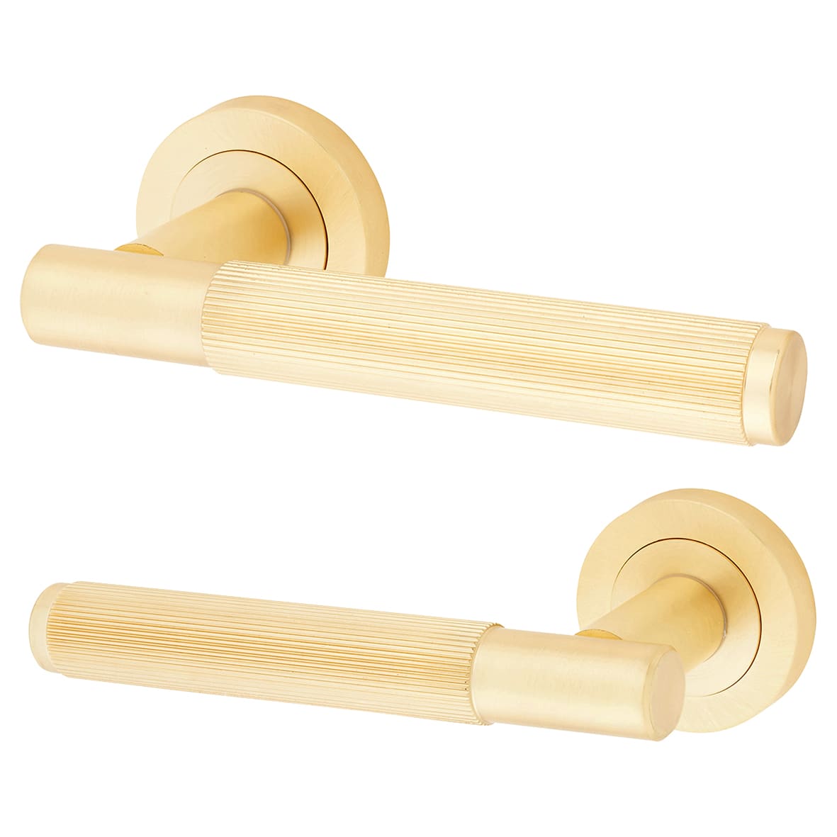 Satin Brass Fire Rated Lines Door Handles on Rose - Venice Range