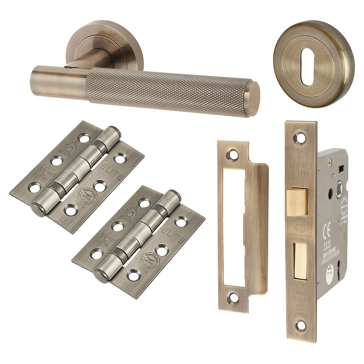Antique Brass Knurled 3 Lever Sashlock Door Handles Pack - Remi Range