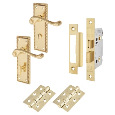 Polished Brass Georgian Rope Edge Scroll Bathroom Lock Door Handles Pack