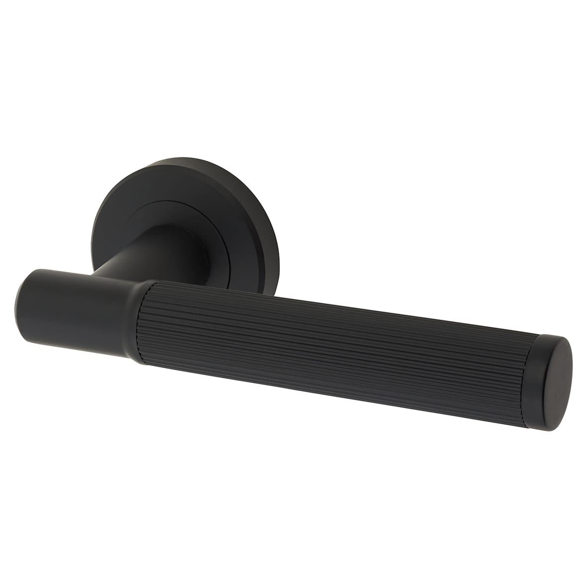 Brass Matt Black Lines Door Handles on Round Rose - Image Range