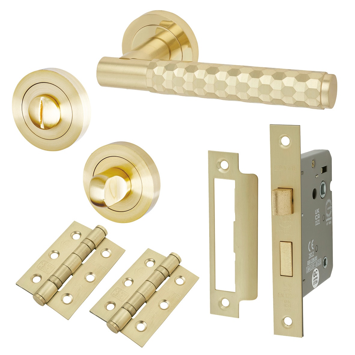 Satin Brass Honeycomb Bathroom Lock Door Handles on Rose Pack - Cara Range