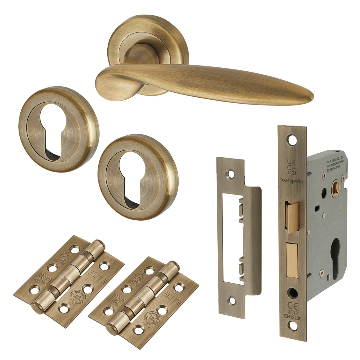 Antique Brass Euro Lock Door Handles on Rose Pack - Lancaster Range