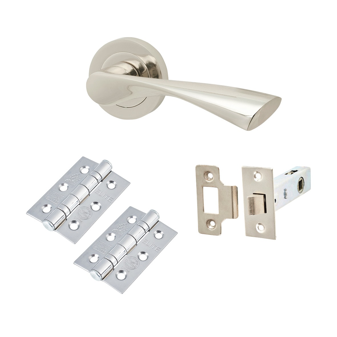 Polished Nickel Latch Door Handles on Rose Pack - Ariel Range