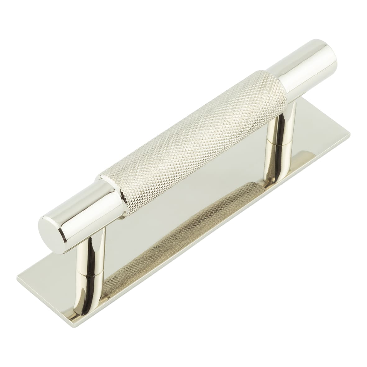 Taplow 18mm Knurled T-Bar Cabinet Pull Handle on Plain Backplate - 96mm c/c - Polished Nickel