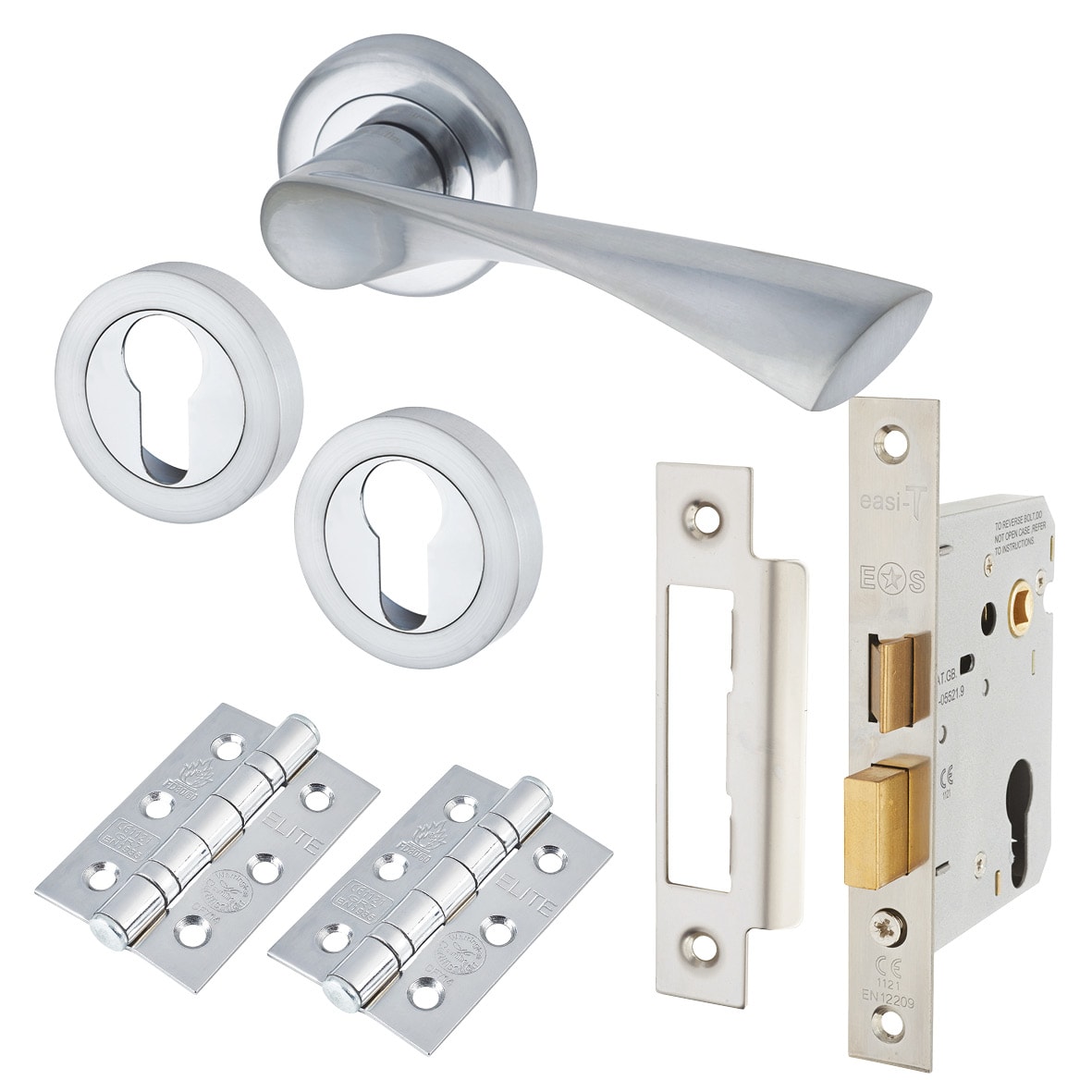 Polished/Satin Chrome Euro Lock Door Handles on Rose Pack - Knightsbridge Range