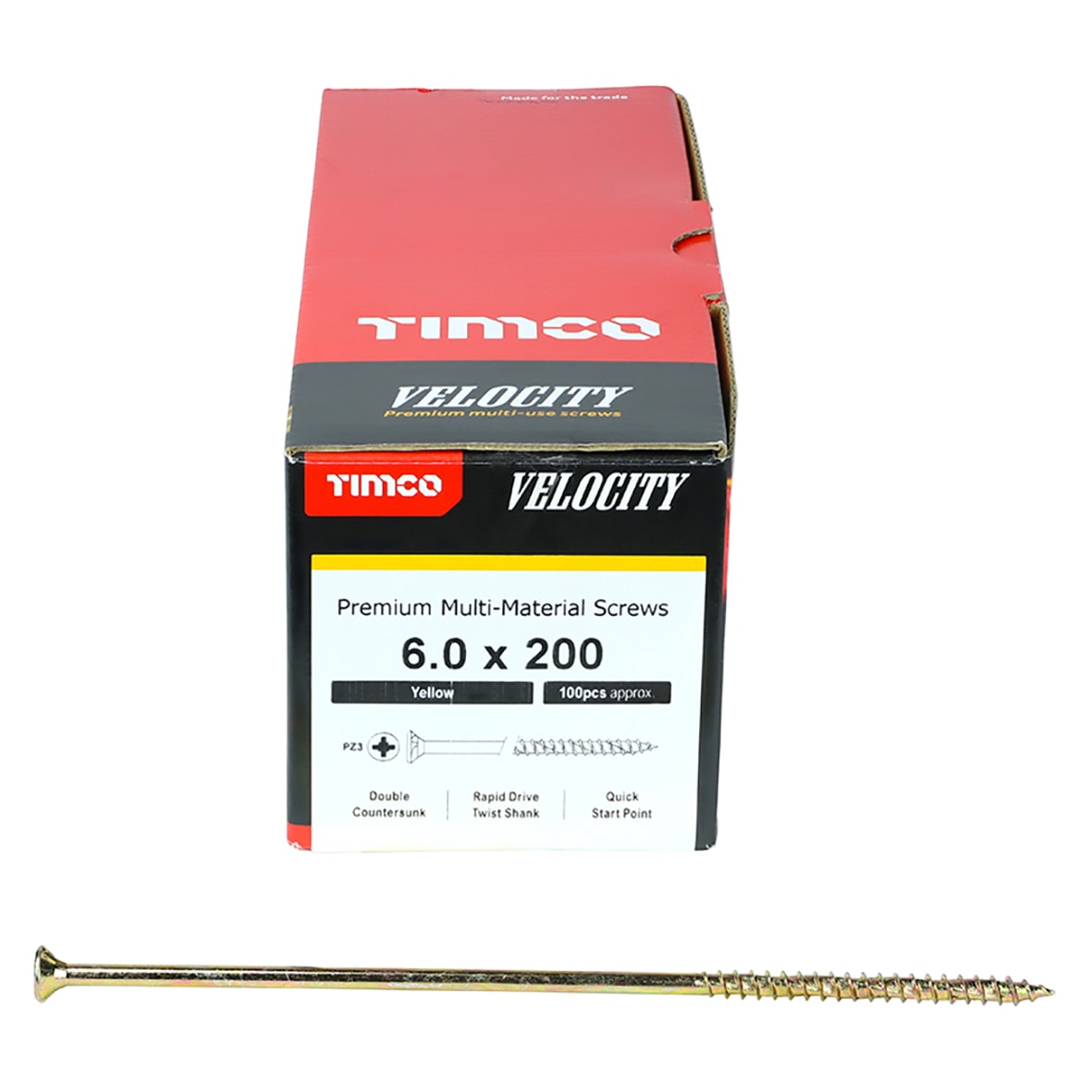 Velocity Pozi Countersunk Wood Screws - 6.0 x 200mm - Yellow Zinc - Pack of 100