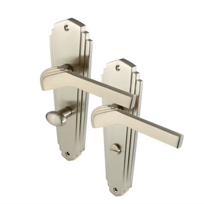 Marcus Satin Nickel Art Deco Bathroom Door Handles - Waldorf Range - 203 x 66mm
