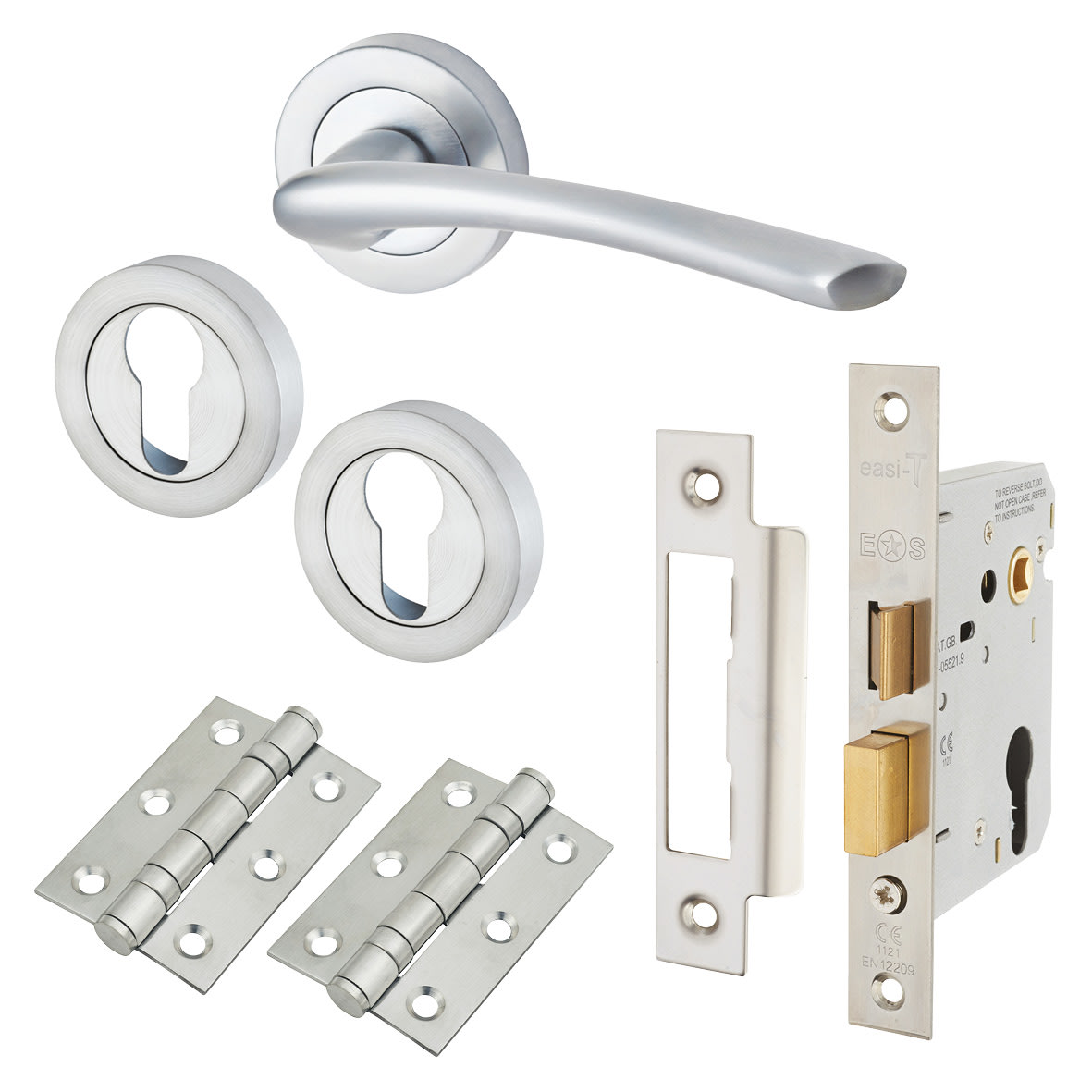 Satin Chrome Euro Lock Door Handle on Rose Pack - Rimini Range