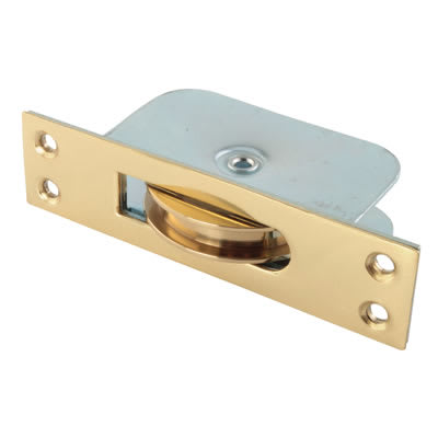 Square Large Ball Bearing Sash Window Pulley - 57mm Square Metal Wheel - Polished Brass