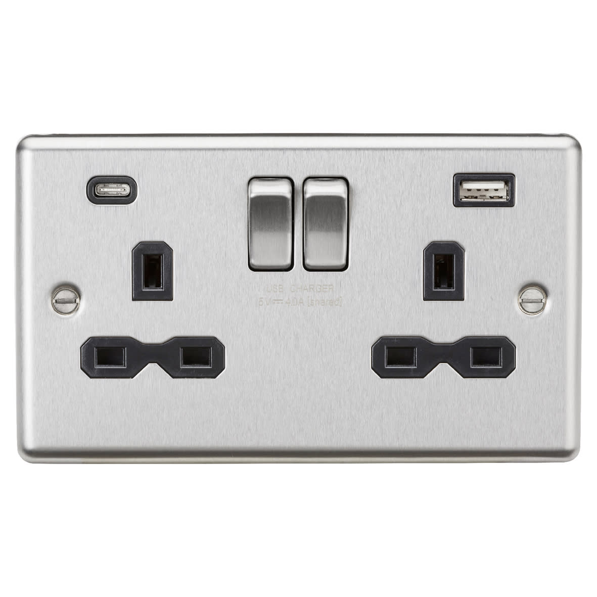 13A 2 Gang Round Edge Type A/C USB Socket with 2 x USB - 4A - Brushed Chrome/Black
