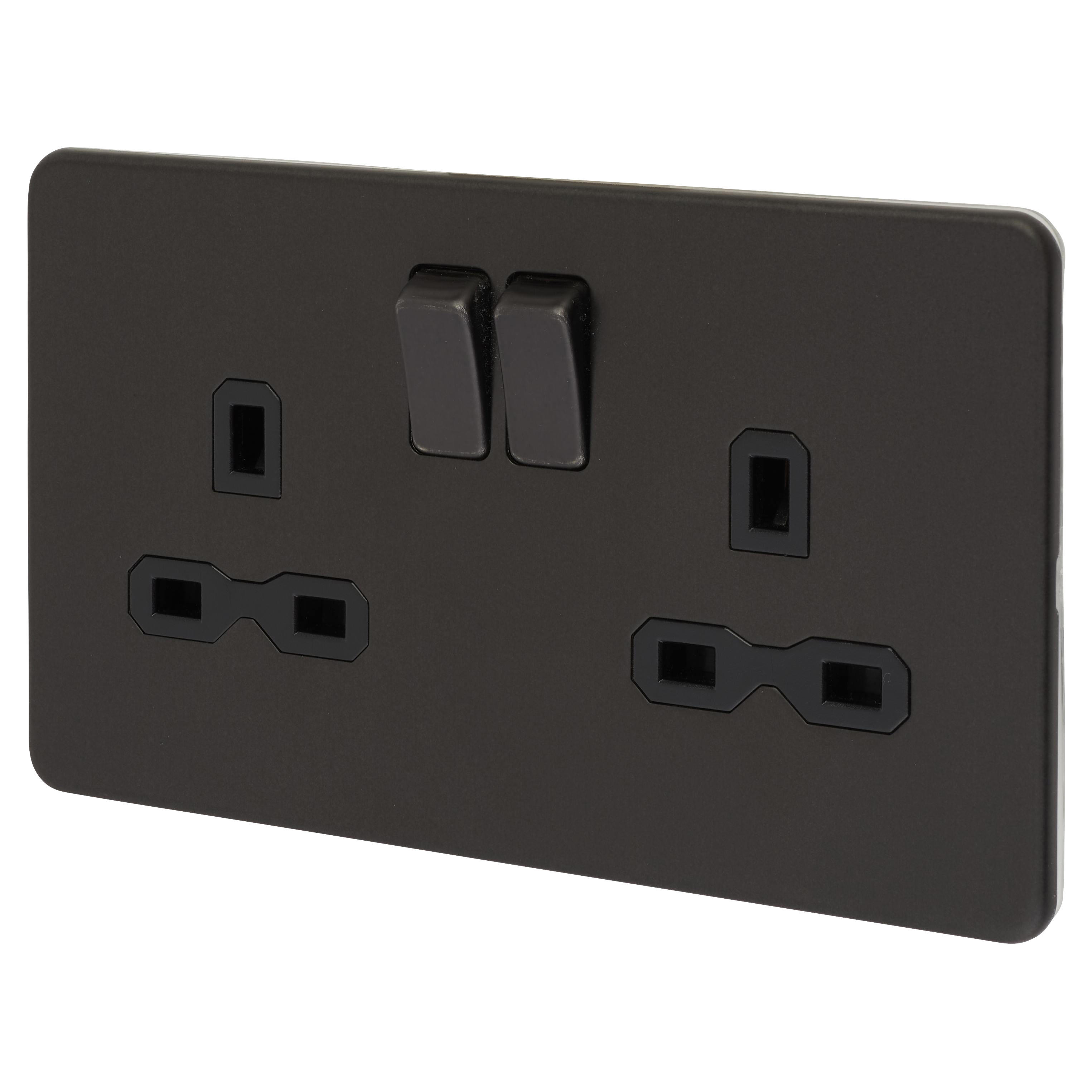 13A 2 Gang Screwless Flat Plate Switched DP Socket - Smoked Bronze/Black Inserts