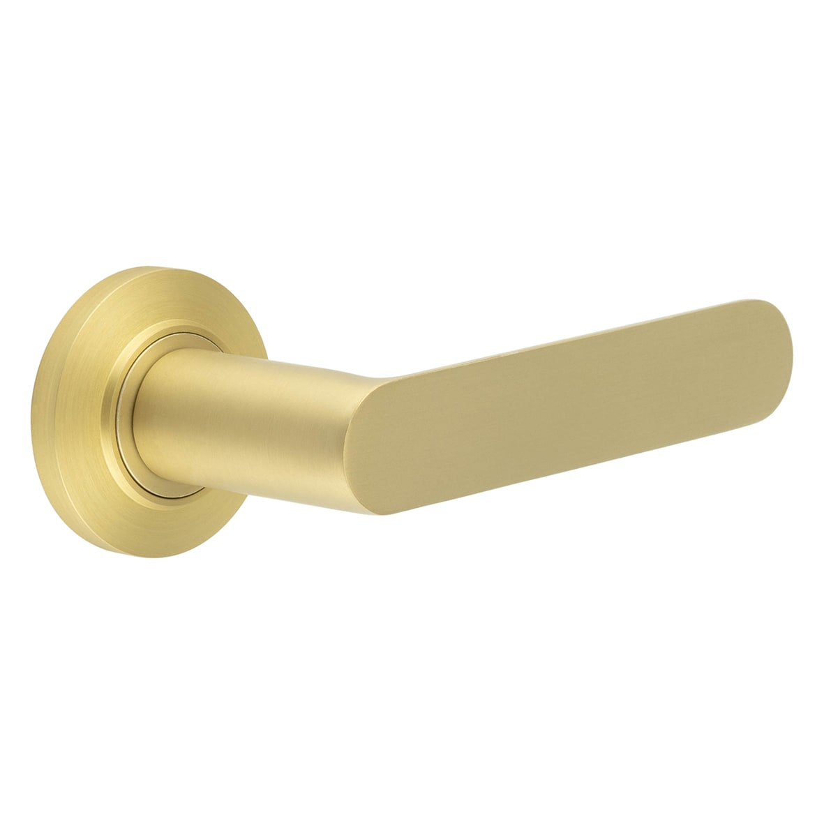 Satin Brass Fire Rated Door Handles on Round Chamfered Rose - Kensington Range