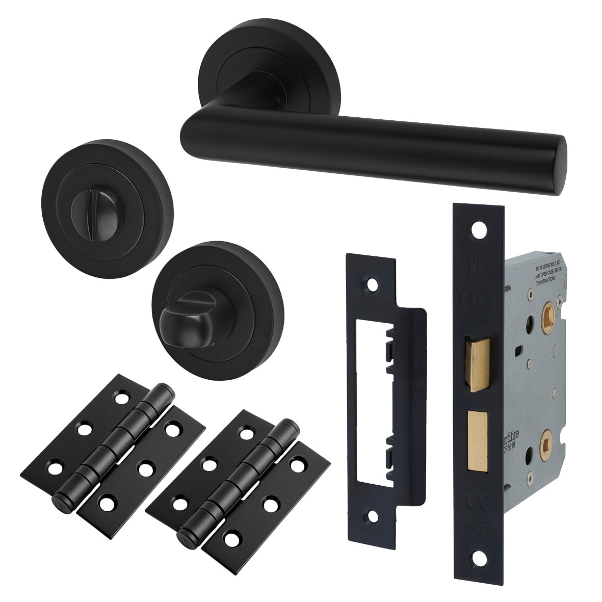 Matt Black Bathroom Lock Door Handles on Rose Pack - Emily Range