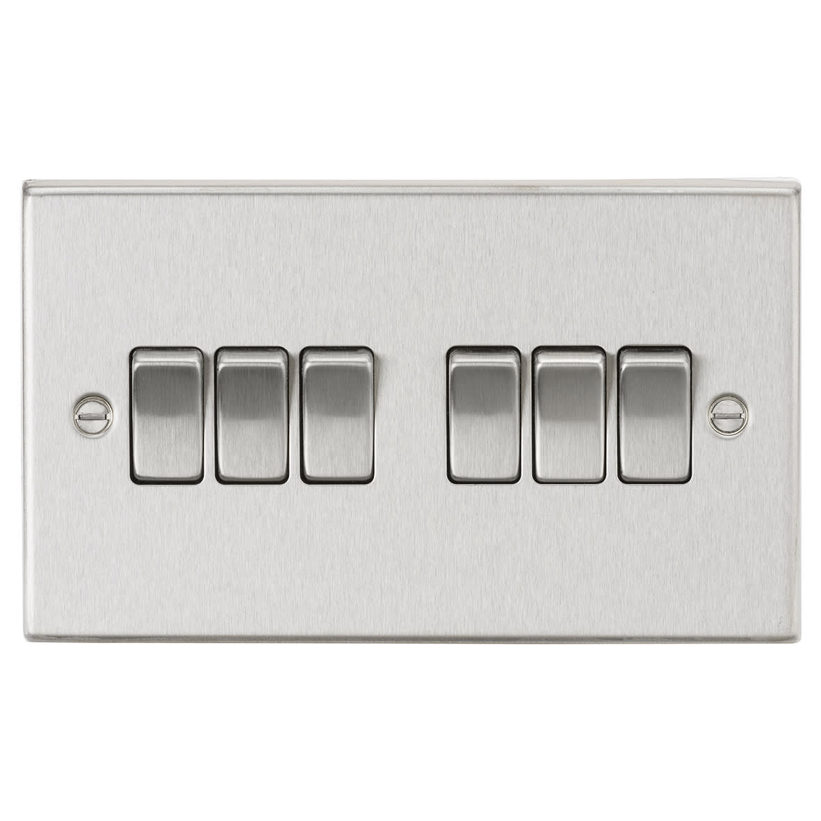 10AX 6 Gang 2 Way Square Edge Plate Light Switch - Brushed Chrome