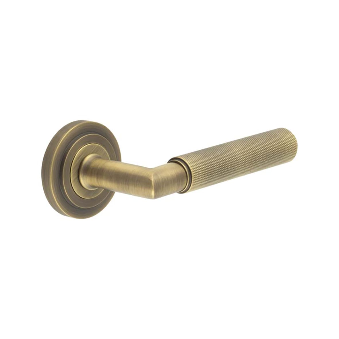 Antique Brass Knurled Fire Rated Door Handles on Round Stepped Rose - Piccadilly Range