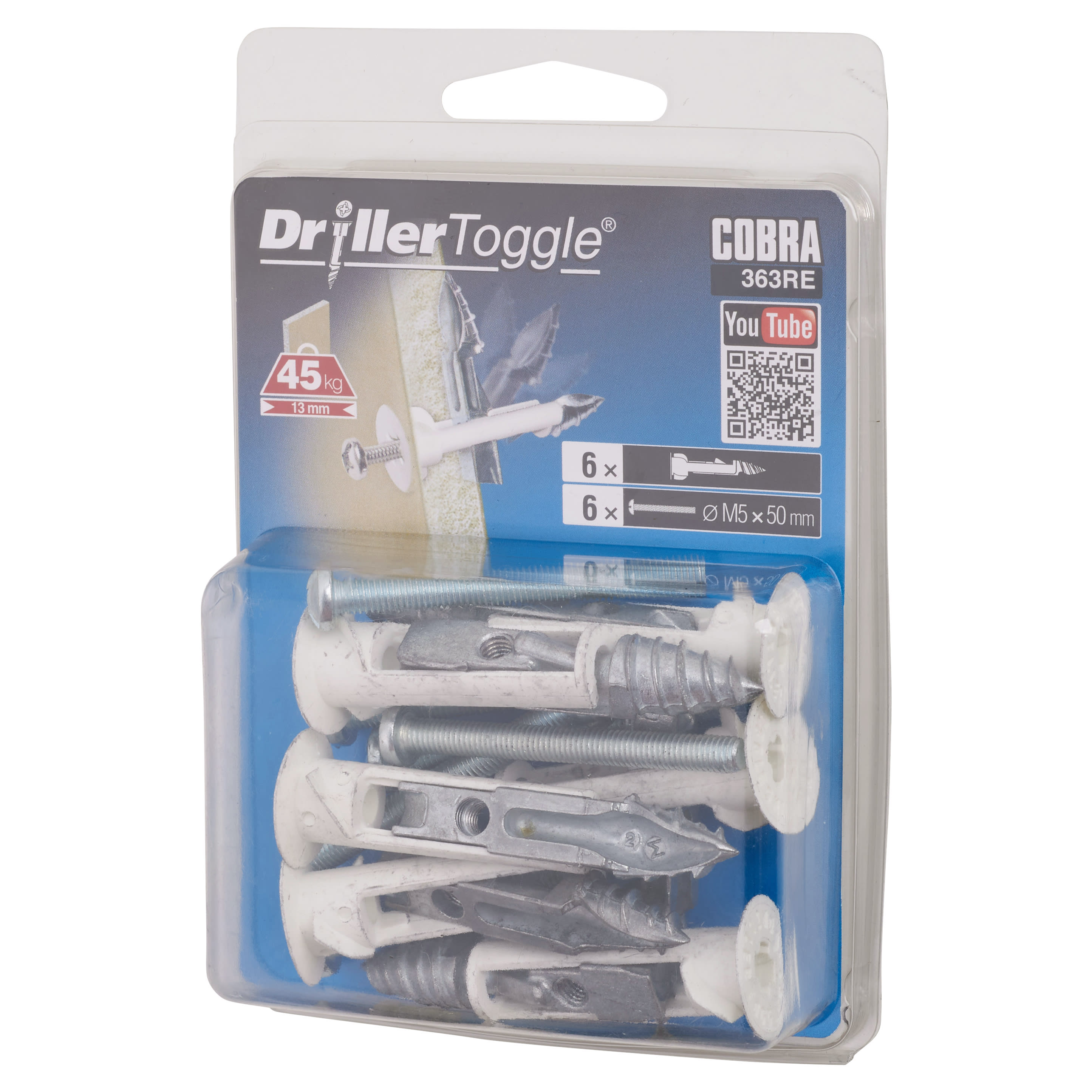 DrillerToggle Heavy Duty Self Drilling Plasterboard Fixing - M5 x 50mm Bolt - White - Pk of 6