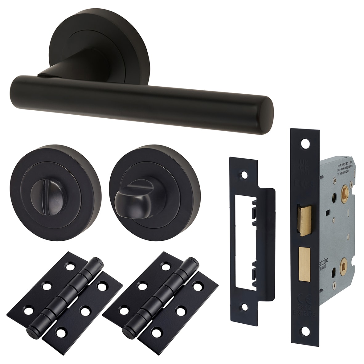 Matt Black Bathroom Lock Door Handles on Rose Pack - Ella Range