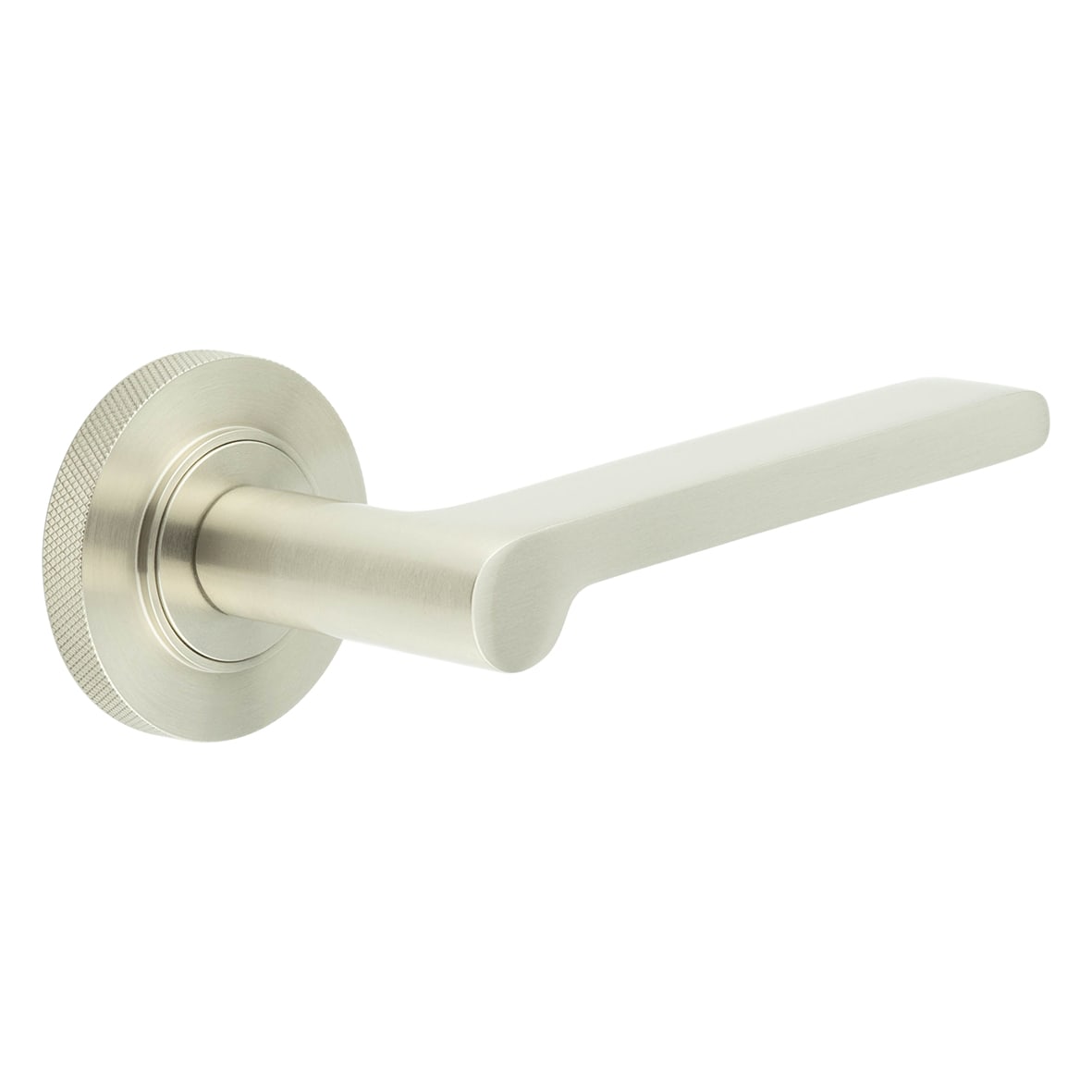 Satin Nickel Fire Rated Door Handles on Round Knurled Rose - Fitzrovia Range