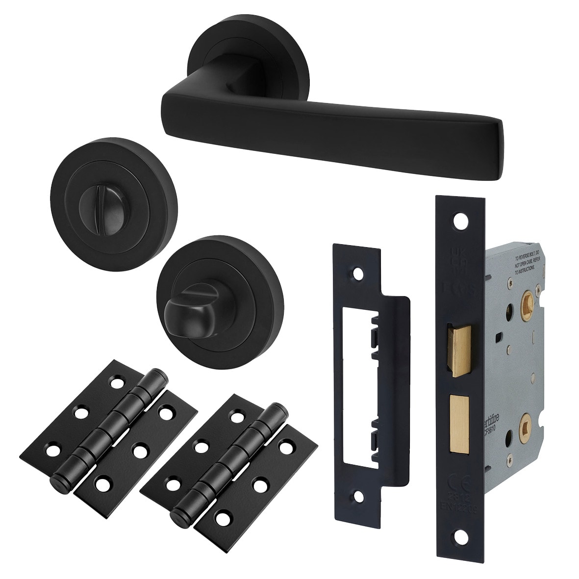 Matt Black Bathroom Lock Door Handles on Rose Pack - Ivy Range