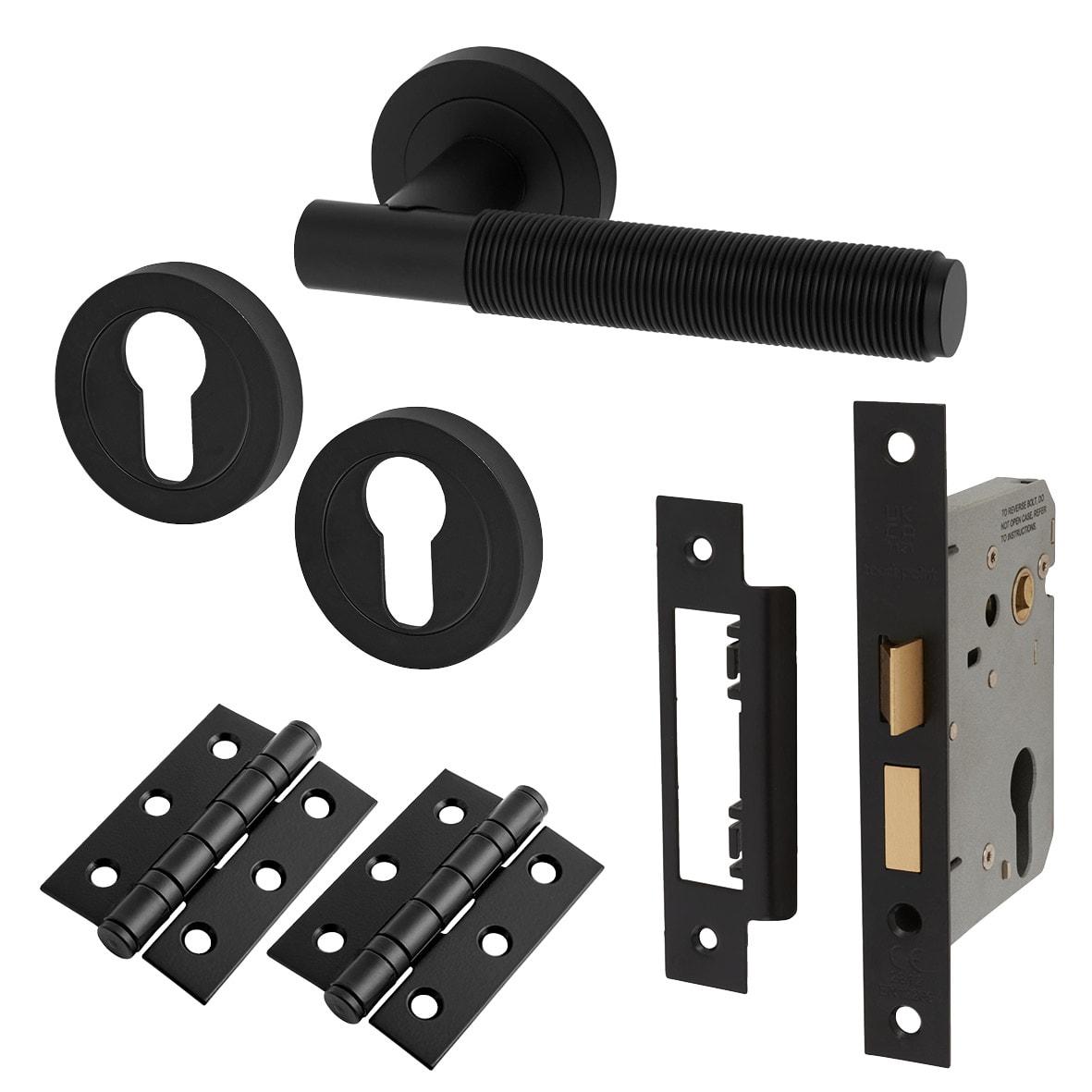 Matt Black Reeded Euro Lock Door Handles Pack - Lily Range