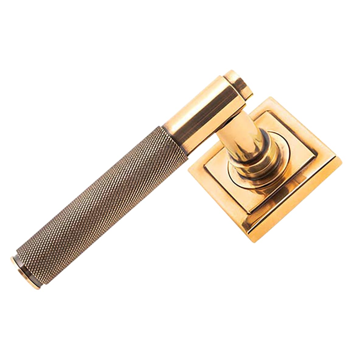 Polished Bronze Knurled Door Handles on Square Rose - Brompton Range
