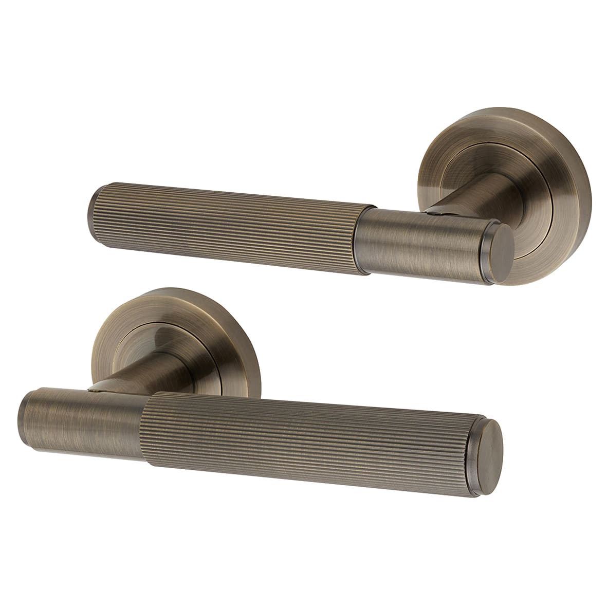 Antique Brass Lines Door Handles on Round Rose - Nova Range