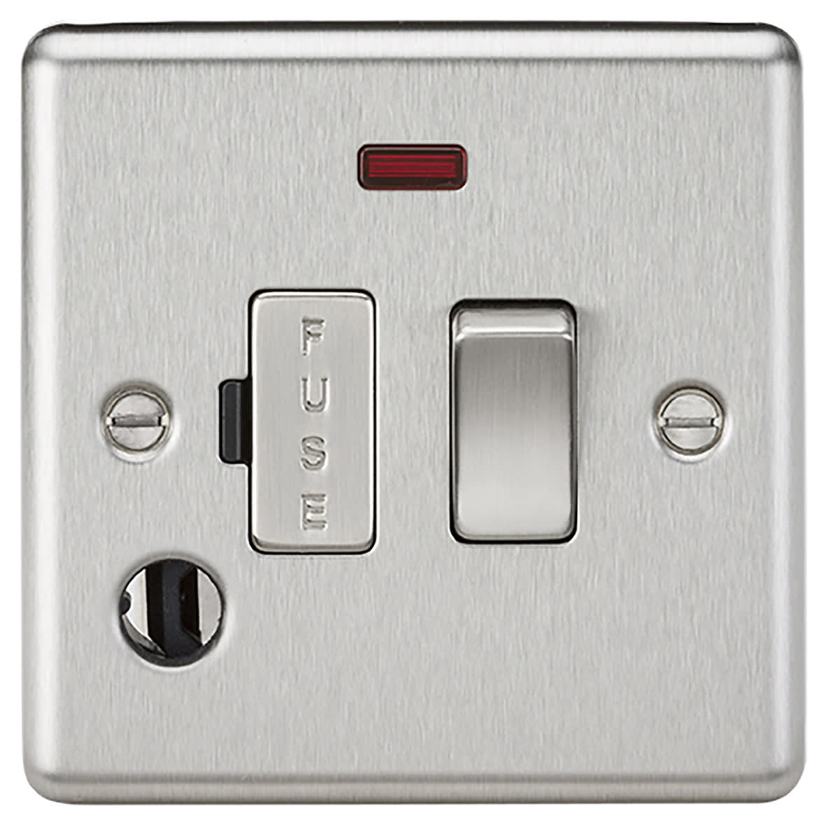 13A 1 Gang Round Edge Switched Fused Spur with Neon & Flex Outlet - Brushed Chrome