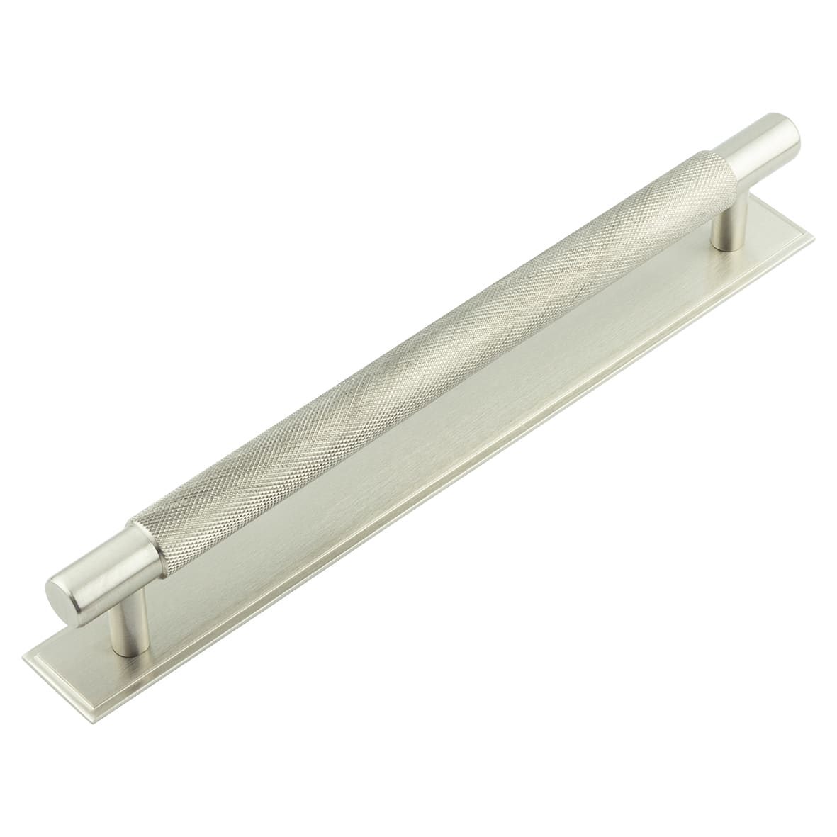 Taplow 18mm Knurled T-Bar Cabinet Pull Handle on Stepped Backplate - 224mm c/c - Satin Nickel