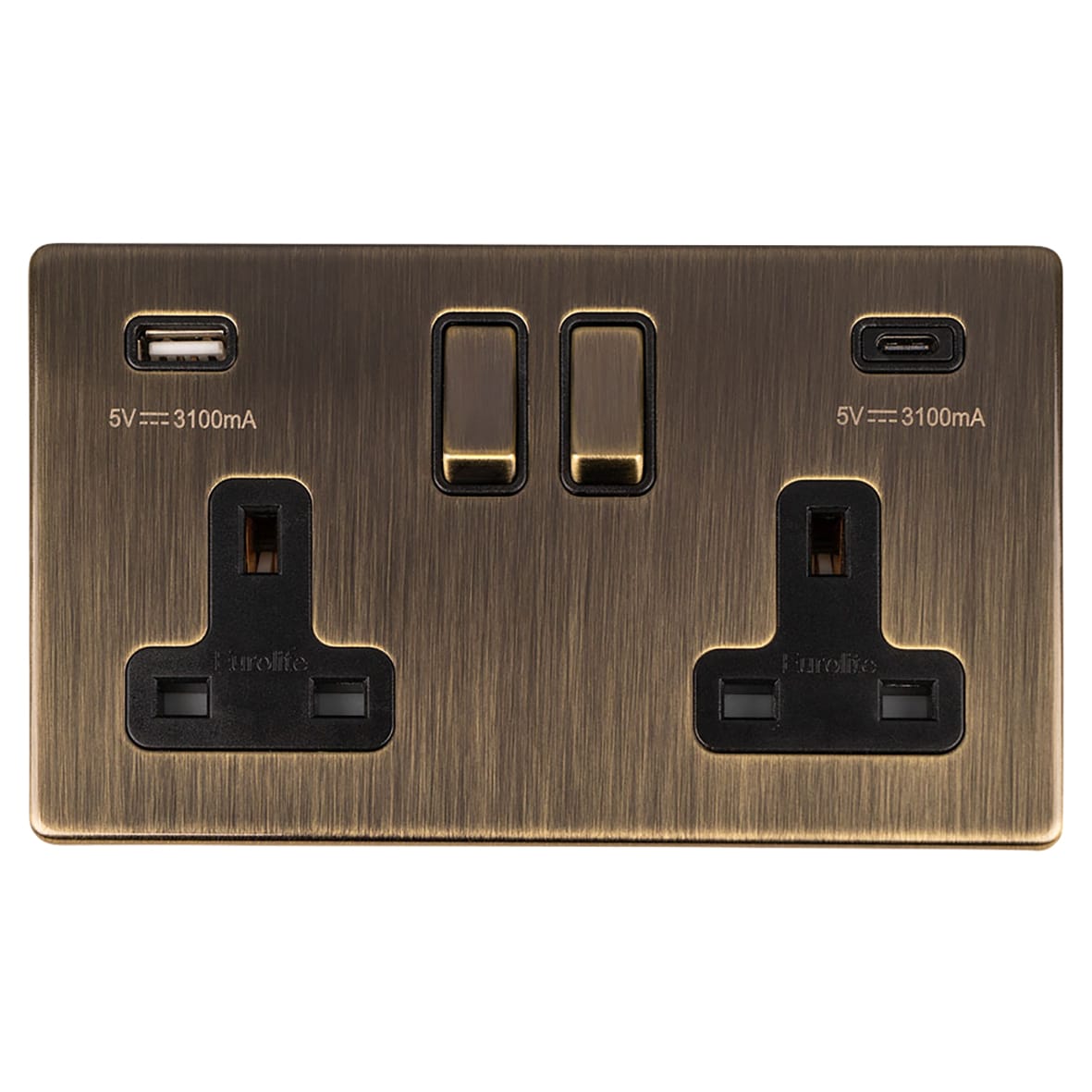 Concealed 13A 2 Gang Screwless Type A/C USB Socket with 2 x USB - 3.1A -Antique Brass/Black