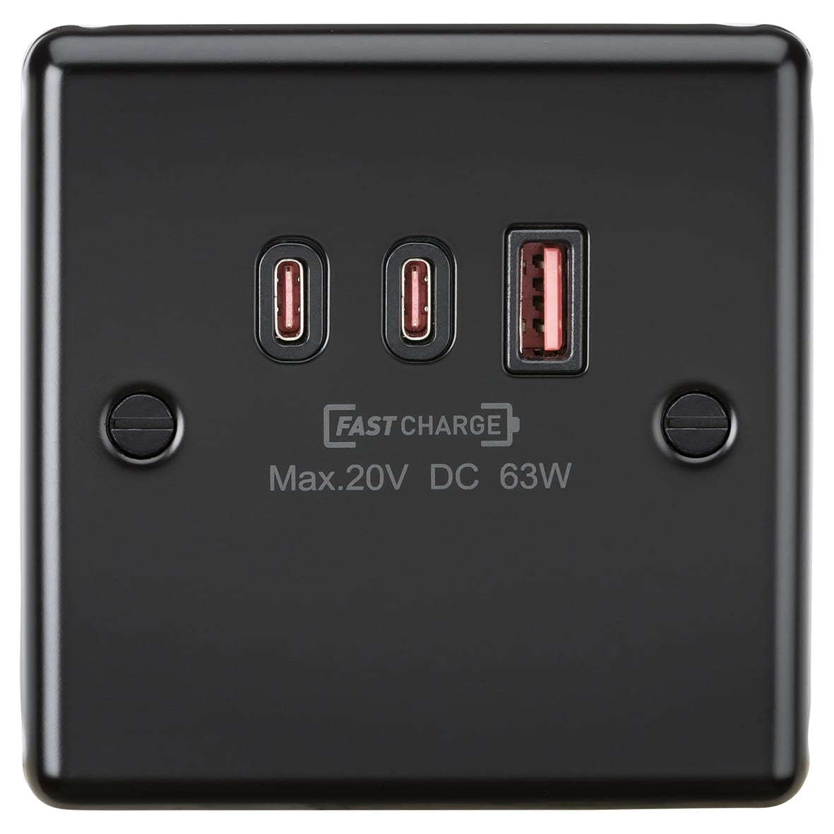 230V Curved Edge Type A/C USB Charger Plate with 3 x USB - 63W - Matt Black