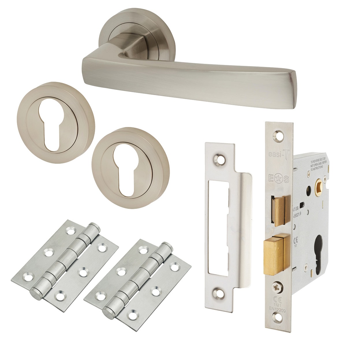 Satin Nickel Euro Lock Door Handles on Rose Pack - Ivy Range