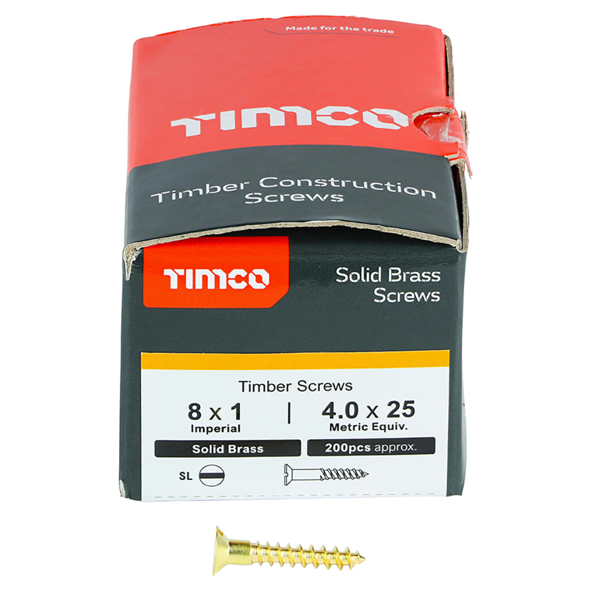 Slotted Countersunk Wood Screws - 8 x 1" - Solid Brass - Pack of 200