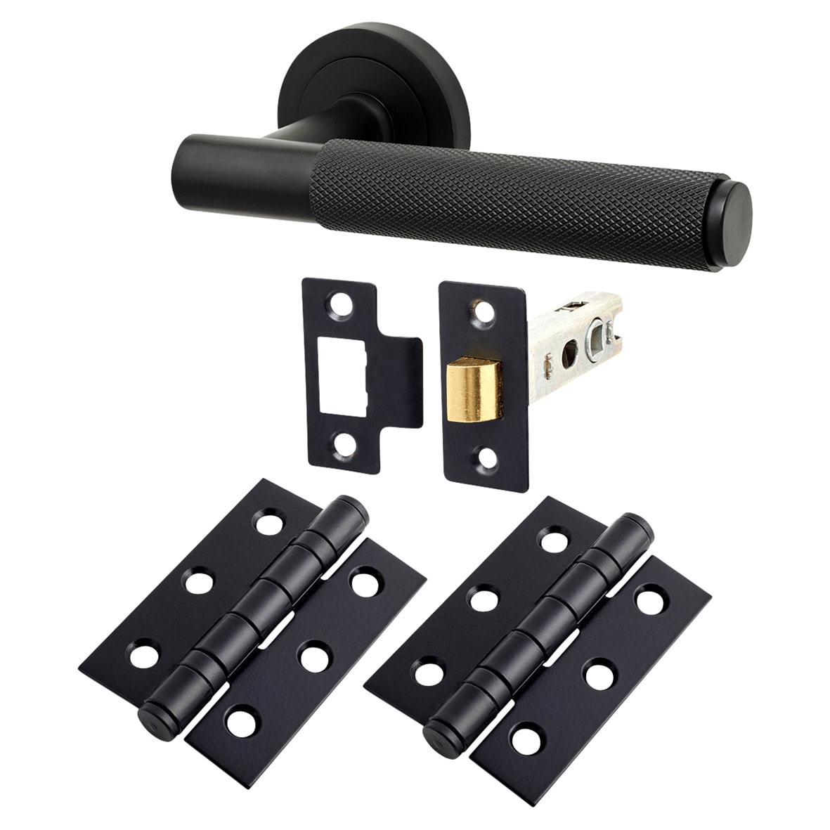 Matt Black Knurled Latch Door Handles on Rose Pack
