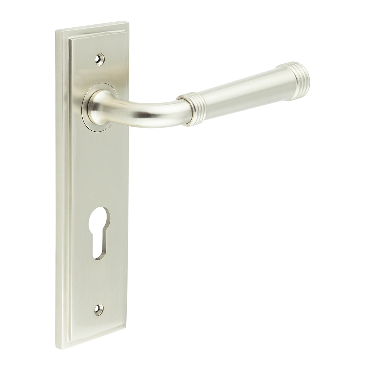 Satin Nickel Fire Rated DIN Euro Lock Door Handles - Highgate - 200 x 55mm