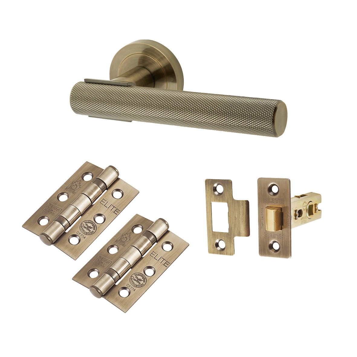 Antique Brass Knurled Latch Door Handles on Rose Pack - Orla Range