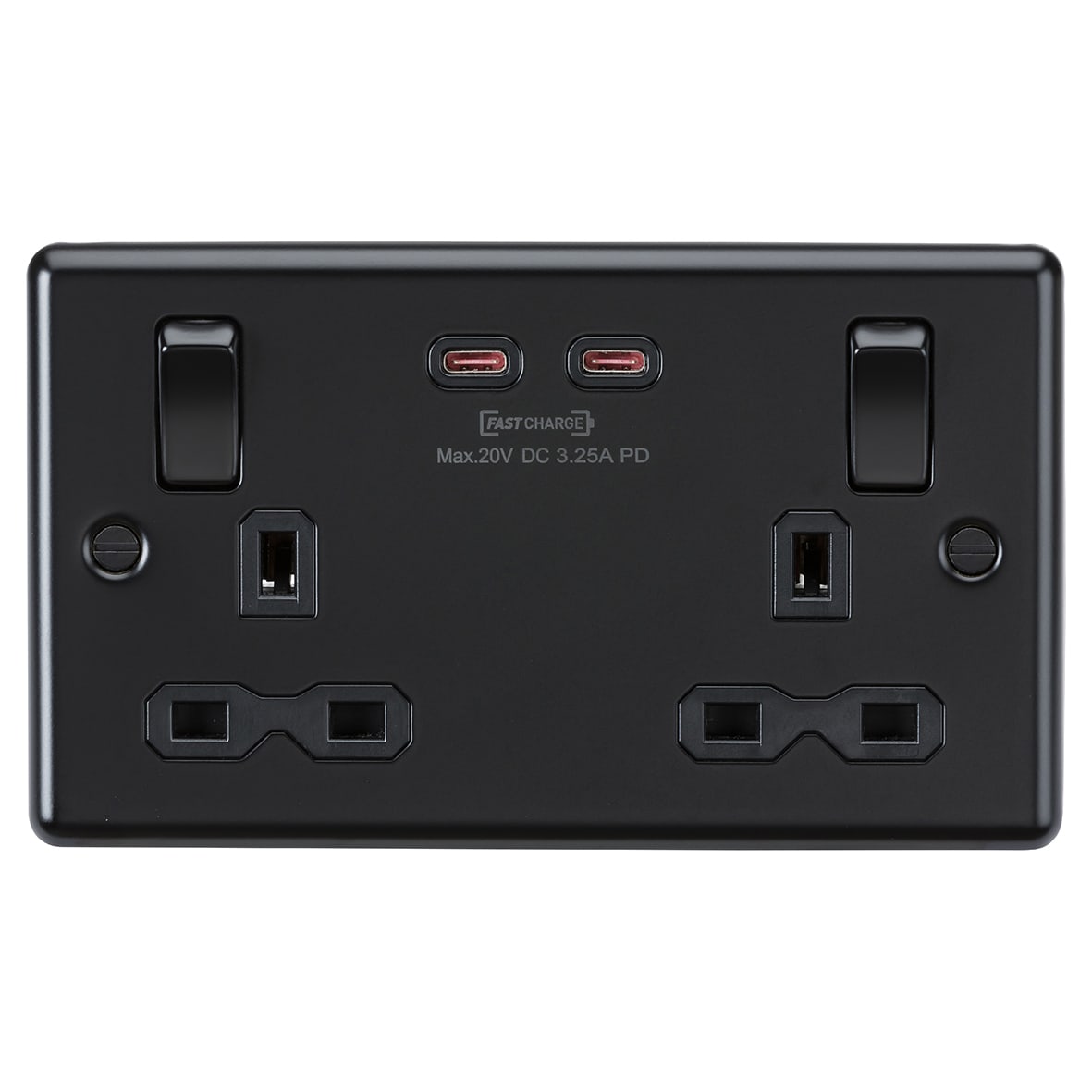 13A 2 Gang Round Edge Type A/C 65W Fastcharge USB Socket with 2 x USB - Matt Black
