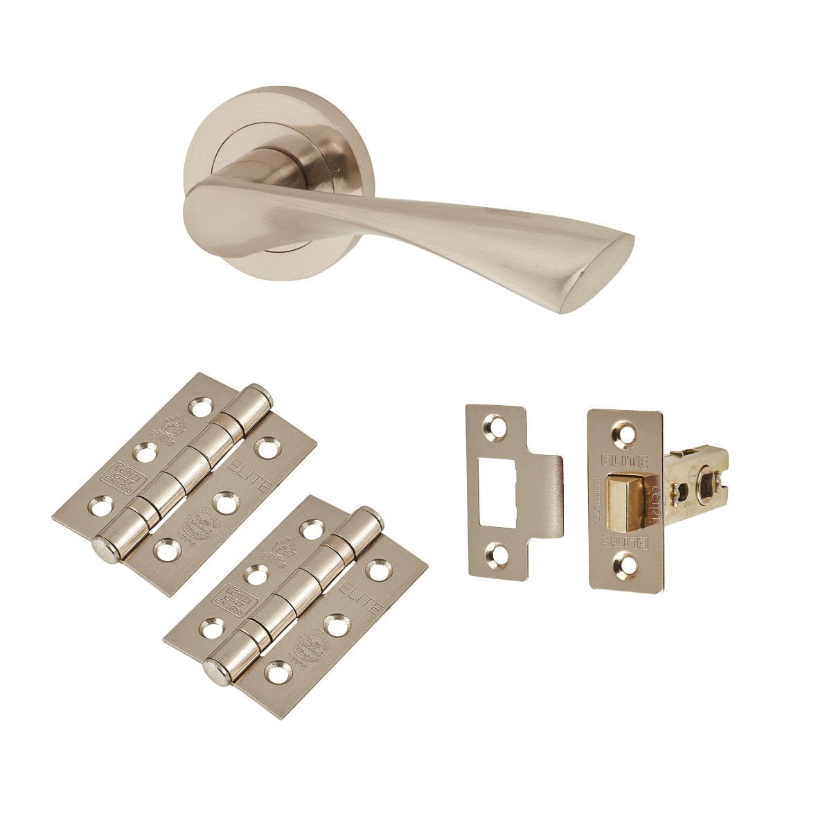 Satin Nickel Latch Door Handles on Rose Pack - Ariel Range