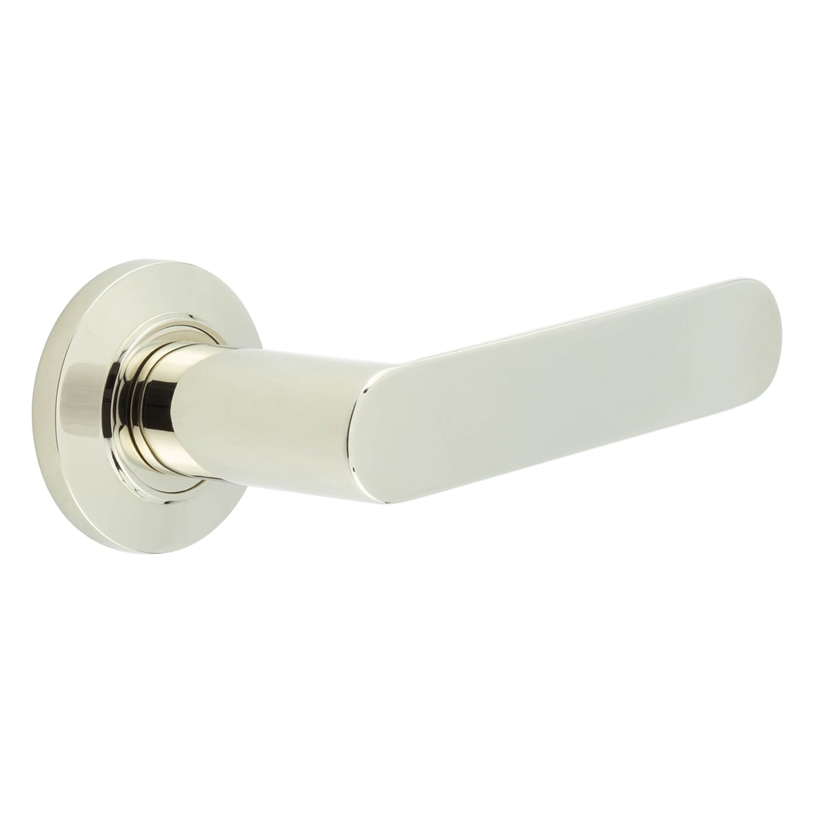 Polished Nickel Fire Rated Door Handles on Round Chamfered Rose - Kensington Range