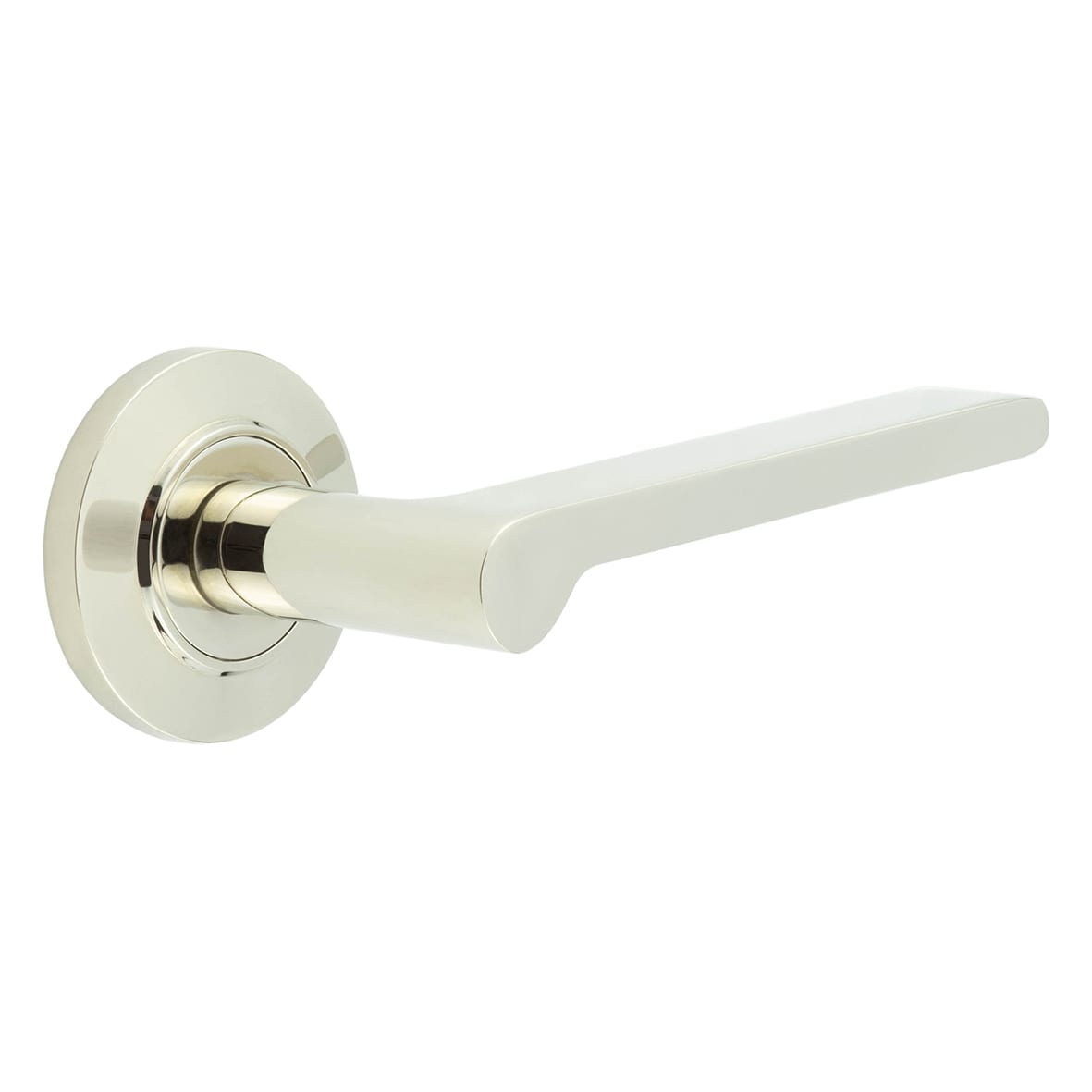 Polished Nickel Fire Rated Door Handles on Round Chamfered Rose - Fitzrovia Range