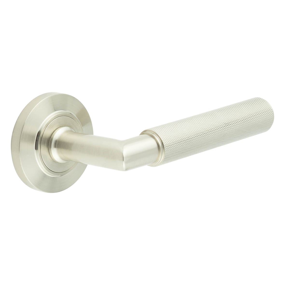 Satin Nickel Knurled Fire Rated Door Handles on Round Chamfered Rose - Piccadilly Range