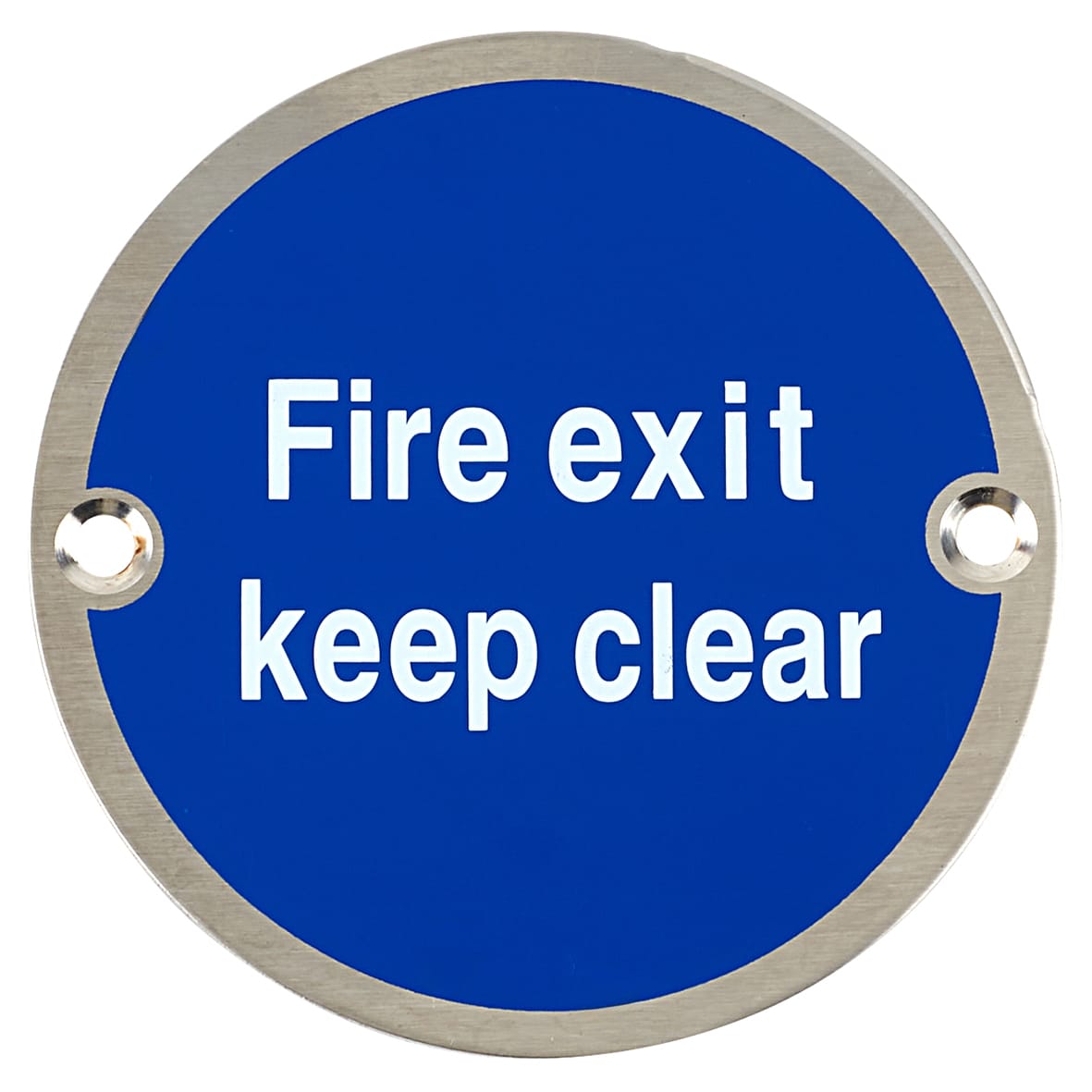 Fire Exit Keep Clear Door Sign - 75mm Diameter - Satin Stainless Steel